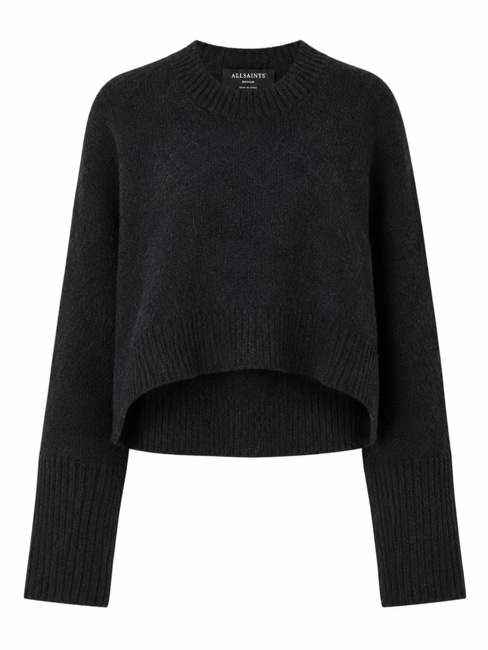ALLSAINTS | Yak Wool Blend Cropped High-Low Fuzzy Modern Black Boxy Sweater | L